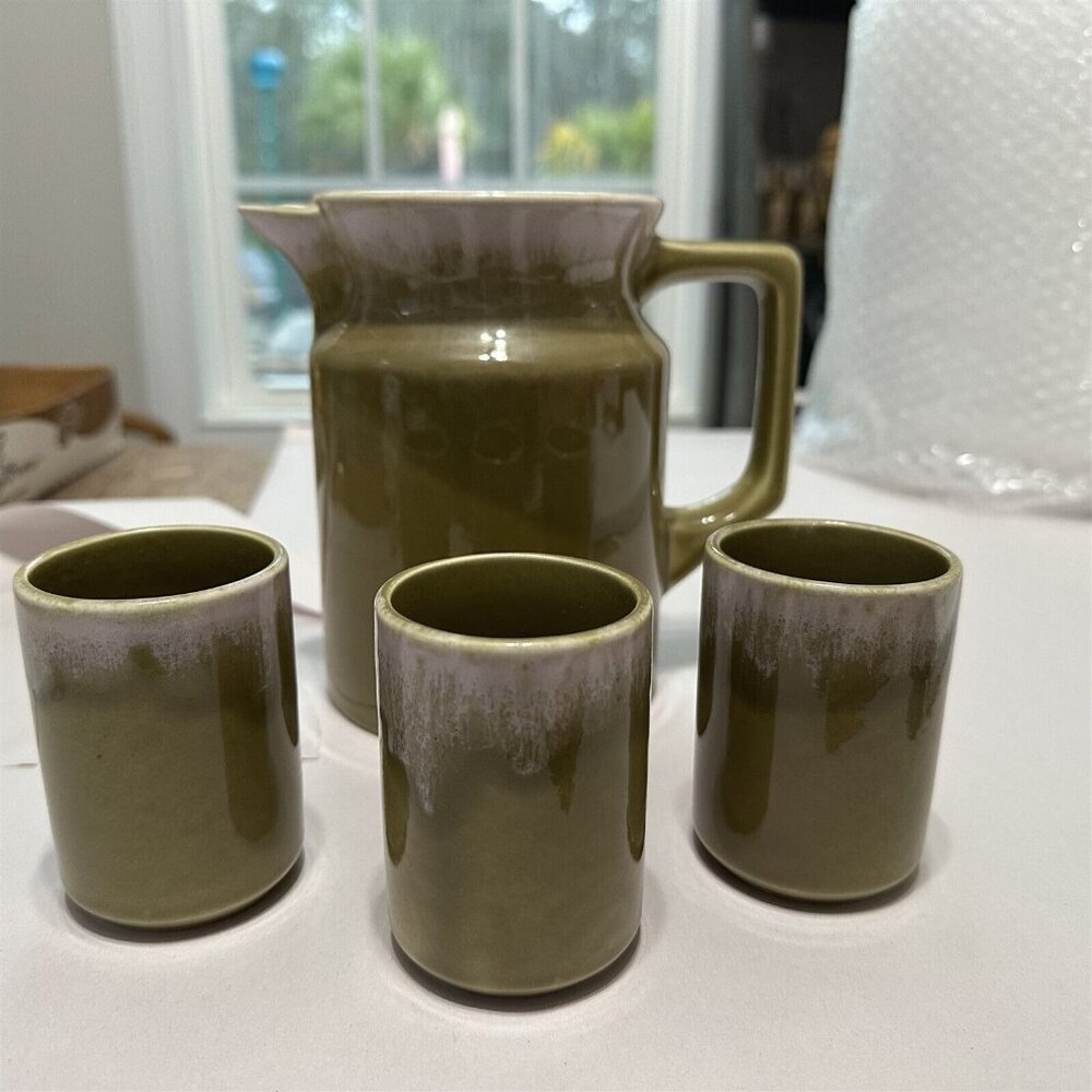 Vintage Enesco Pitcher and 3 Juice Cups Green Lava Japan Breakfast Farmhouse